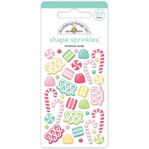 37-count self-adhesive enamel shapes of pastel Christmas candy, a fun embellishment for craft projects by Doodlebug Design.