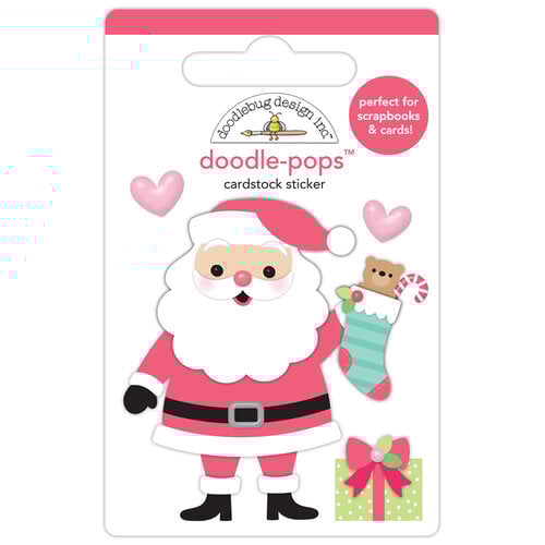 Santa with a Christmas stocking and gift box, doodle-pops sticker, and a fun embellishment for craft projects by Doodlebug Design.