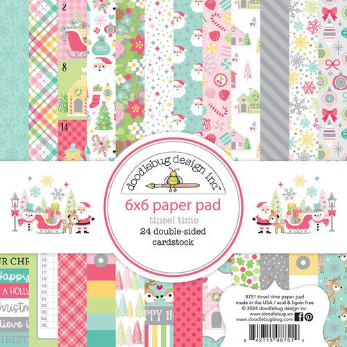6x6 pad with 24 double-sided pastel prints and matching Christmas patterns reverse; Tinsel Time Petite Prints Collection by Doodlebug Design.
