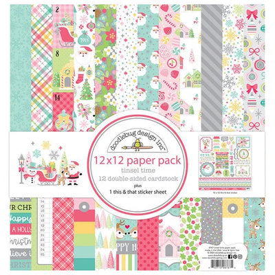 Pack of twelve 12" x 12" double-sided papers and one sticker sheet from the TINSEL TIME collection. Versatile for card making and crafts. Doodlebug Design