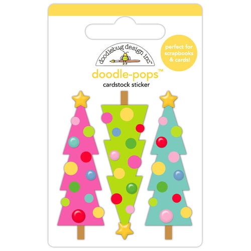 Packaging of doodle-pops cardstock stickers shaped like Christmas trees with colorful decorations on a white background.