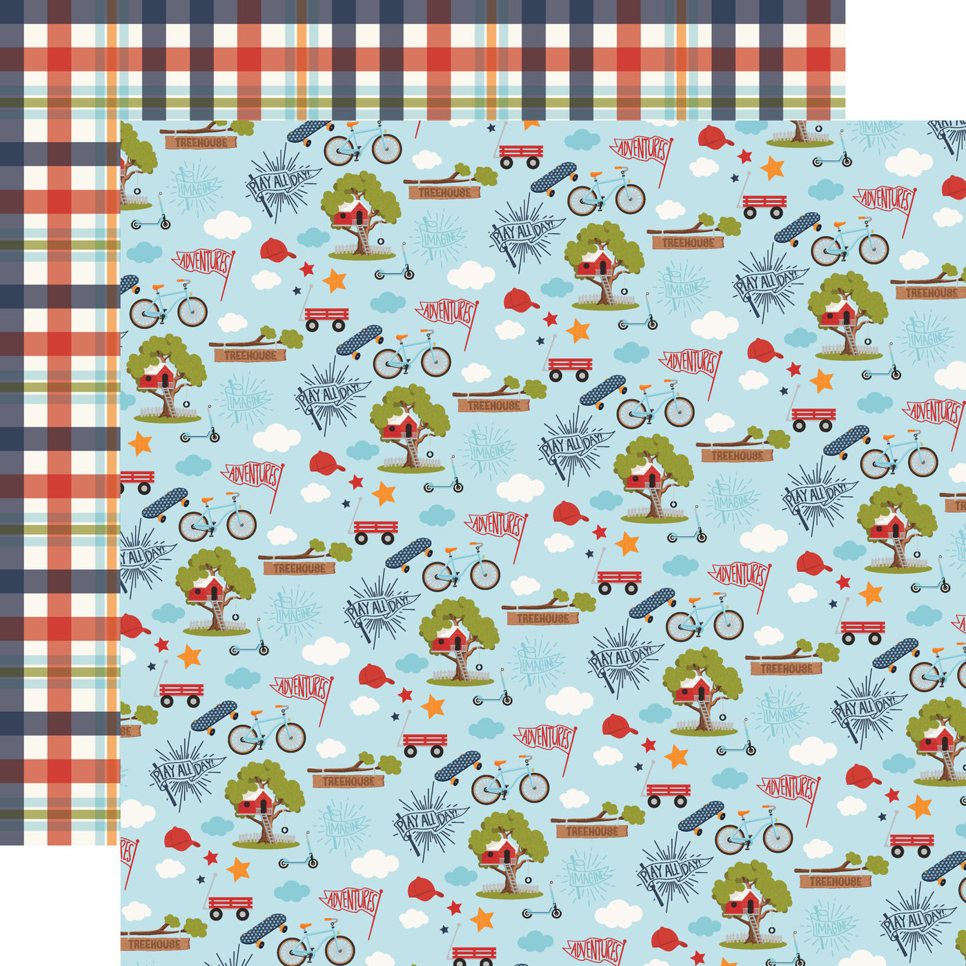 Patterned paper with bicycles, trees, and tricycles on a blue background, matching plaid pattern reverse.