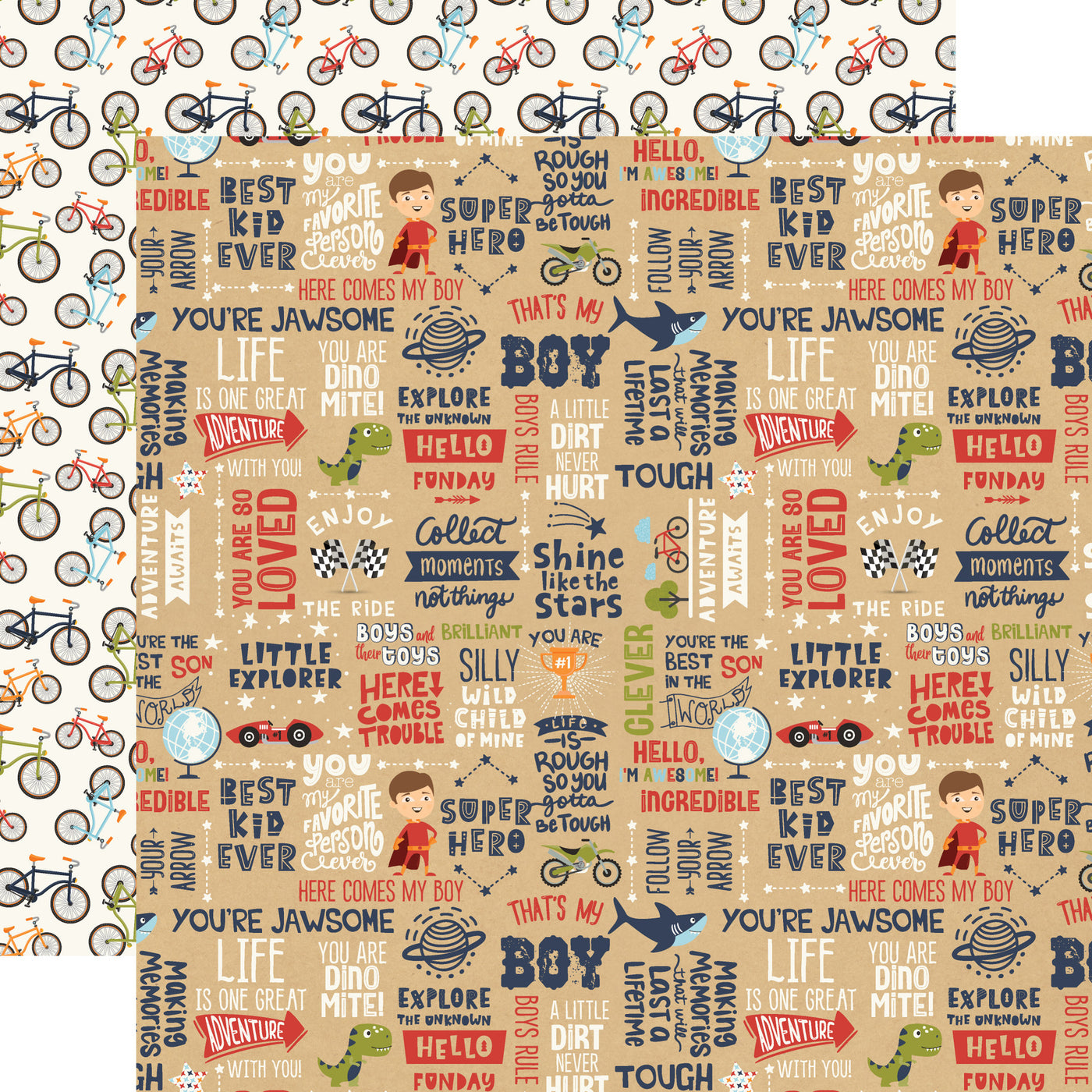 Patterned paper with text and illustrations on a beige background, with bicycles pattern reverse.