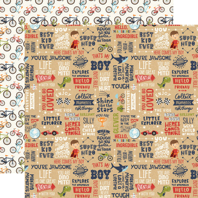 Patterned paper with text and illustrations on a beige background, with bicycles pattern reverse.