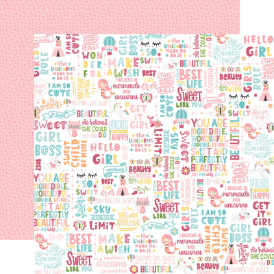 Patterned paper with colorful text and illustrations, and a pink background on the reverse.