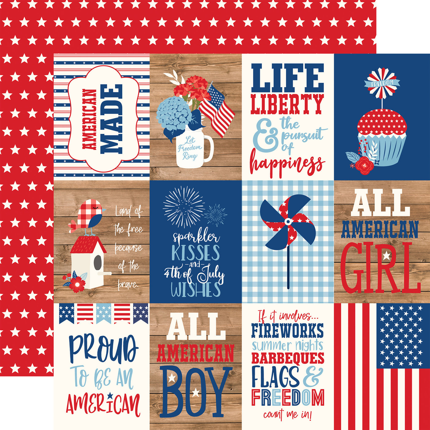12x12 double-sided patterned paper - (Side A - red, white, and blue patriotic journaling cards; Side B - white stars with a red background) - Echo Park Paper.
