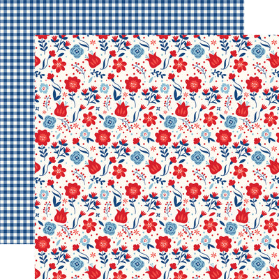 (Side A - red, white, and blue floral on a white background; Side B - blue and white gingham)