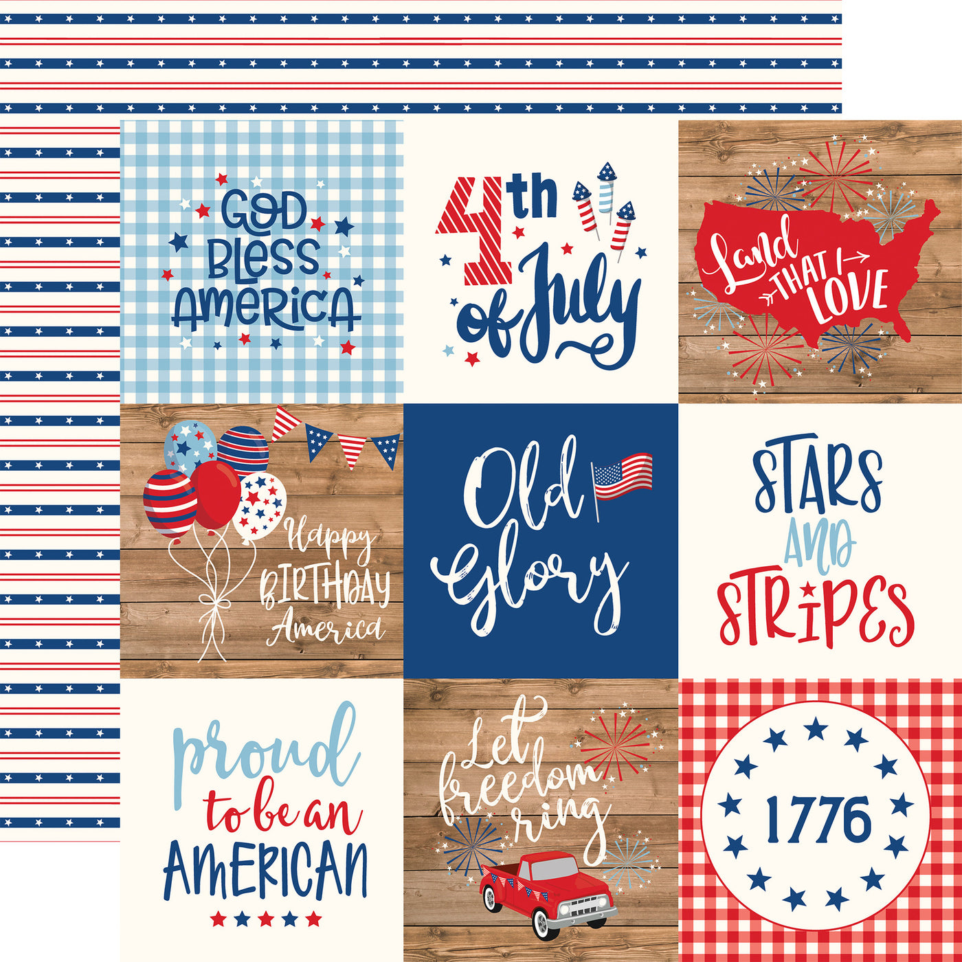12x12 double-sided patterned paper - (Side A - red, white, and blue patriotic journaling cards; Side B - alternating red and blue stripes with patterns on a white background) - Echo Park Paper.