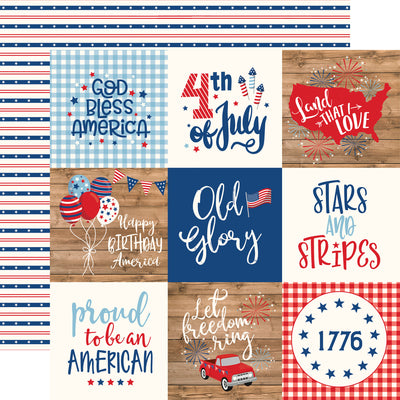 12x12 double-sided patterned paper - (Side A - red, white, and blue patriotic journaling cards; Side B - alternating red and blue stripes with patterns on a white background) - Echo Park Paper.