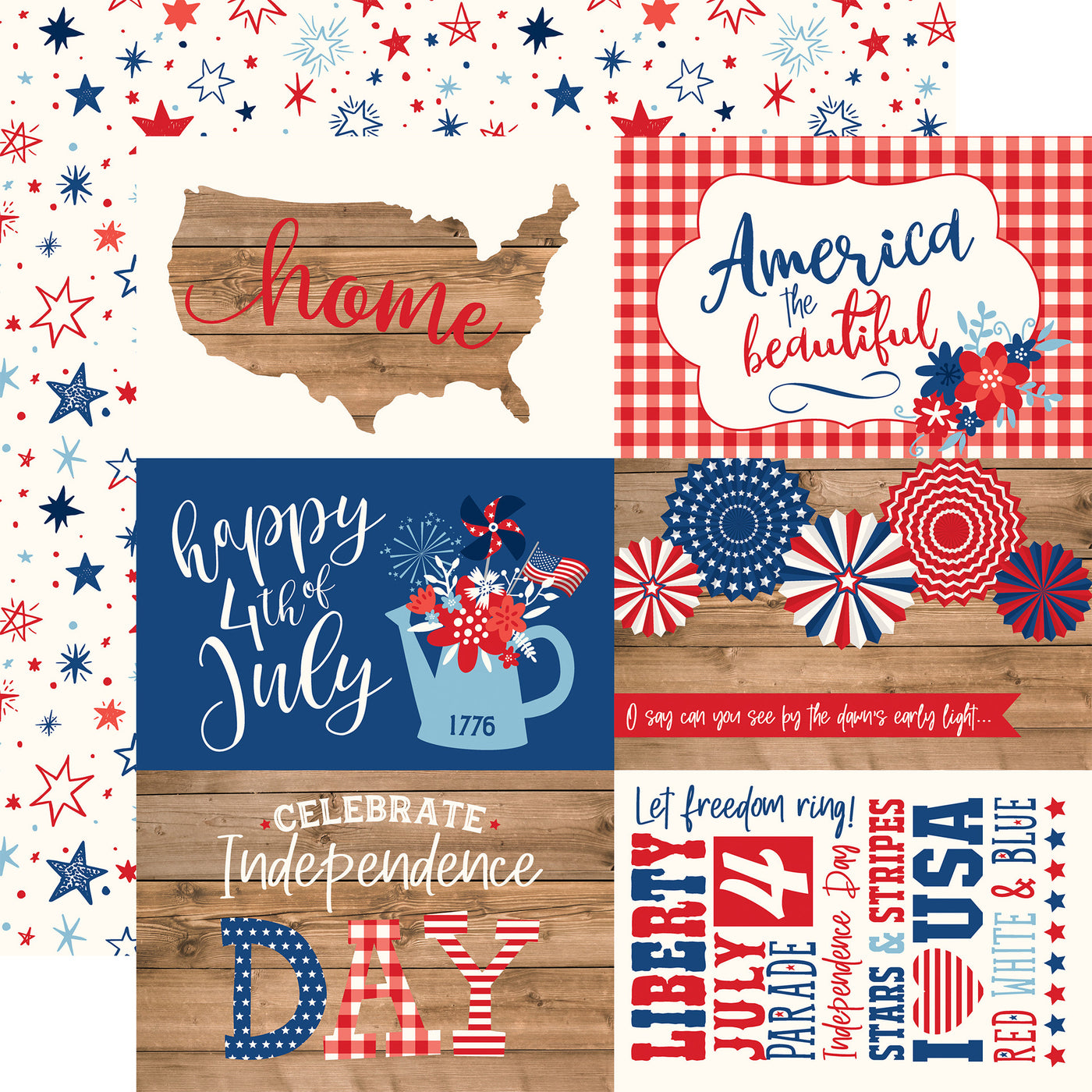 12x12 double-sided patterned paper - (Side A - 4th of July journaling cards; Side B - red and white stars on a white background) - Echo Park Paper.