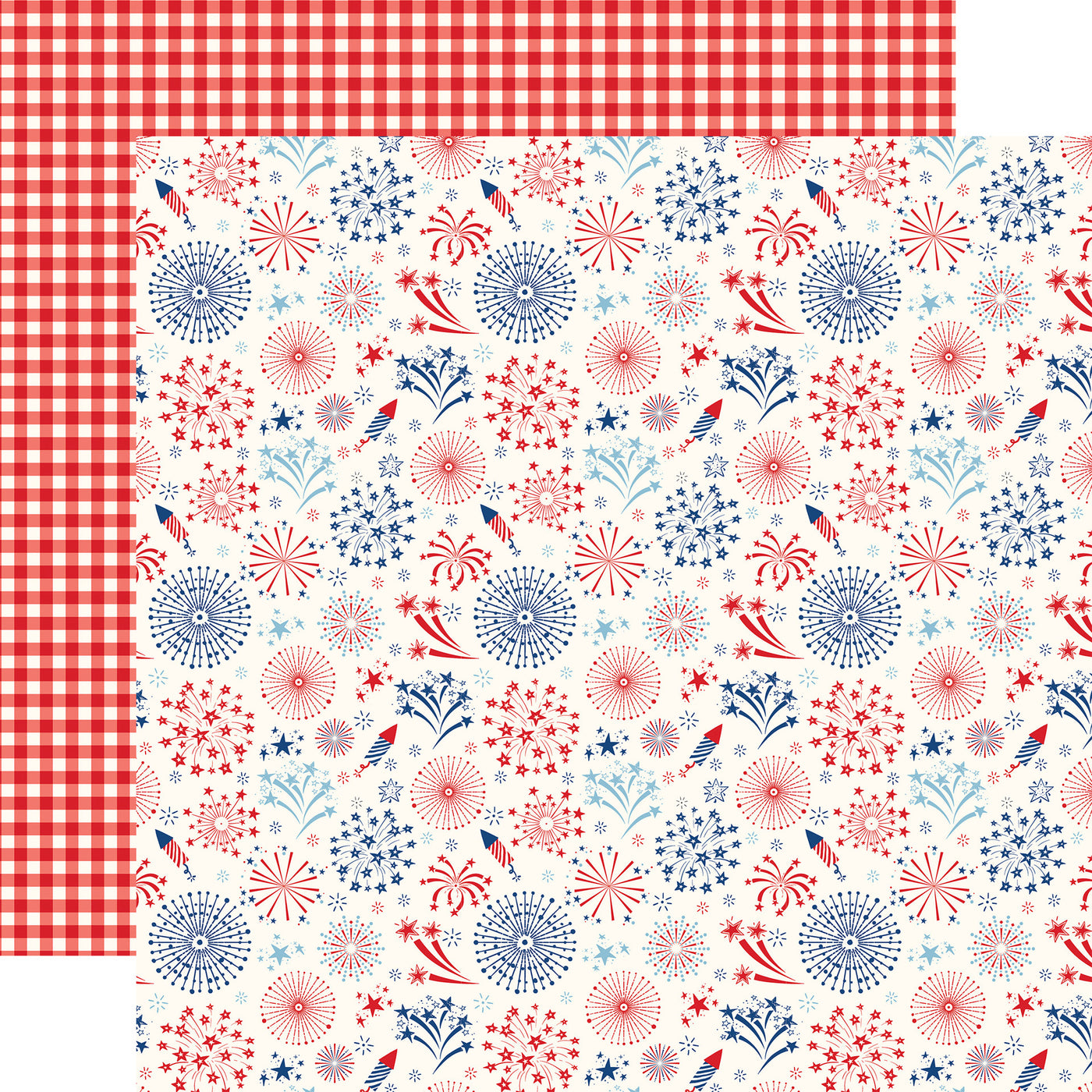 12x12 double-sided patterned paper - (Side A - red, white, and blue fireworks on a white background; Side B - red and white gingham) - Echo Park Paper.