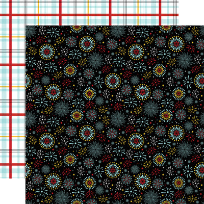 (Side A - red, blue, and yellow fireworks on a black background; Side B - plaid in matching colors on a white background); archival quality, acid-free.