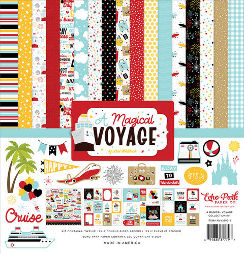 A Magical Voyage 12x12 Collection Kit from Echo Park Paper. The kit features double-sided papers and an element sticker with fun themes and colors that will remind you of the magic kingdom. The papers are of archival quality.