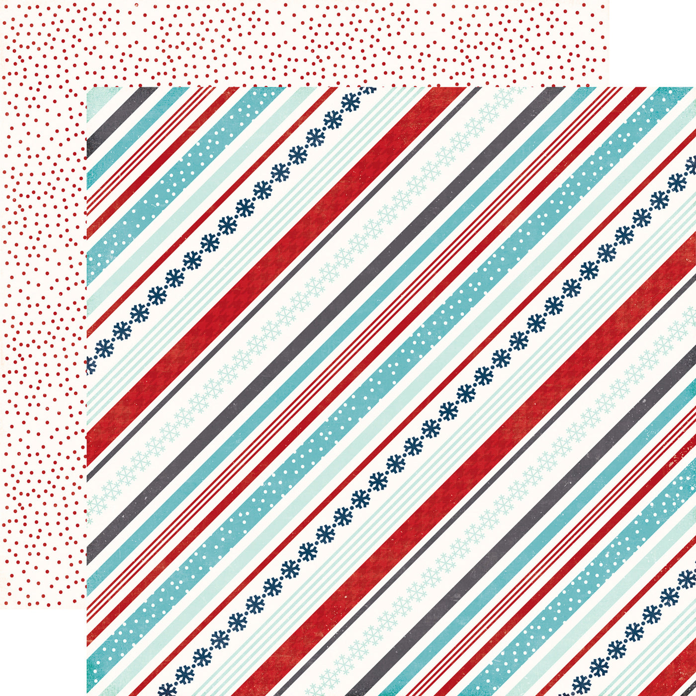 Winter patterns on two sides. (Side A - diagonal patterned stripes in reds and blues on a white background, Side B - scattered red polka dots all over on a white background)