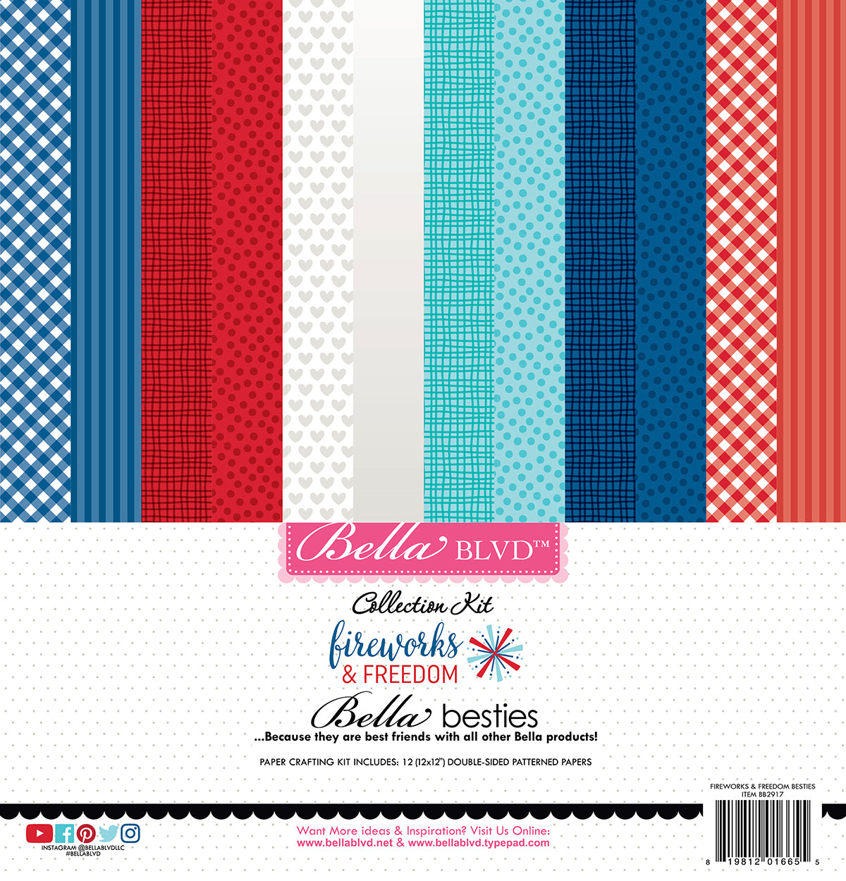 This pack of twelve 12" x 12" double-sided papers, Fireworks & Freedom Bestie-prints assortment, is Versatile for card making and crafts—Bella Blvd.