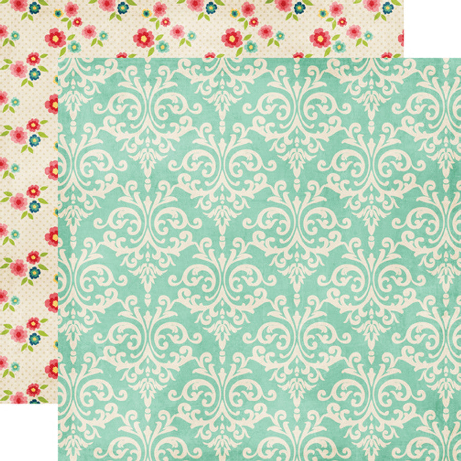 12x12 double-sided patterned paper - (turquoise damask with a pink floral pattern on a cream background reverse) - Echo Park Paper.