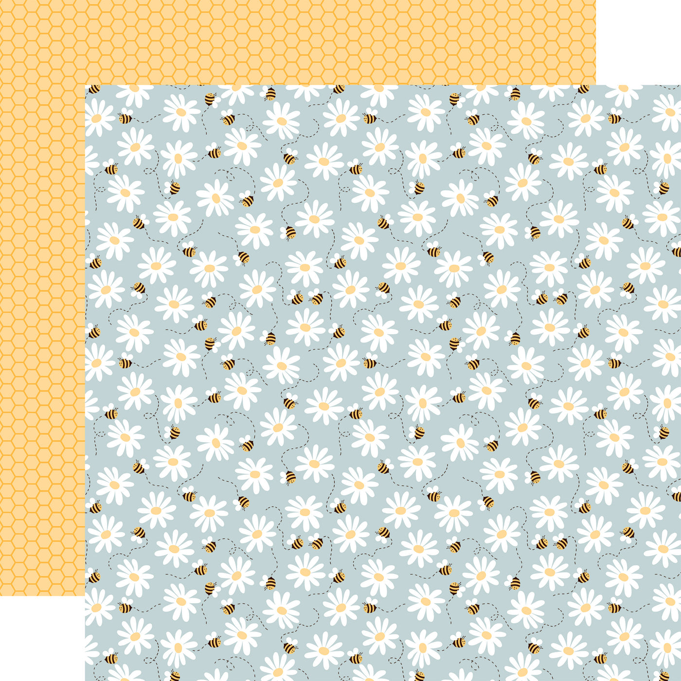(Side A - cute little bees buzzing around white and yellow flowers on a light blue background, Side B - yellow honeycomb pattern), archival quality, acid-free. 