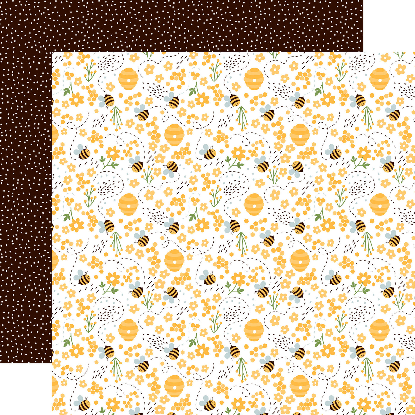 Patterned paper with yellow flowers and bees on a white background, with a black polka dot pattern reverse.