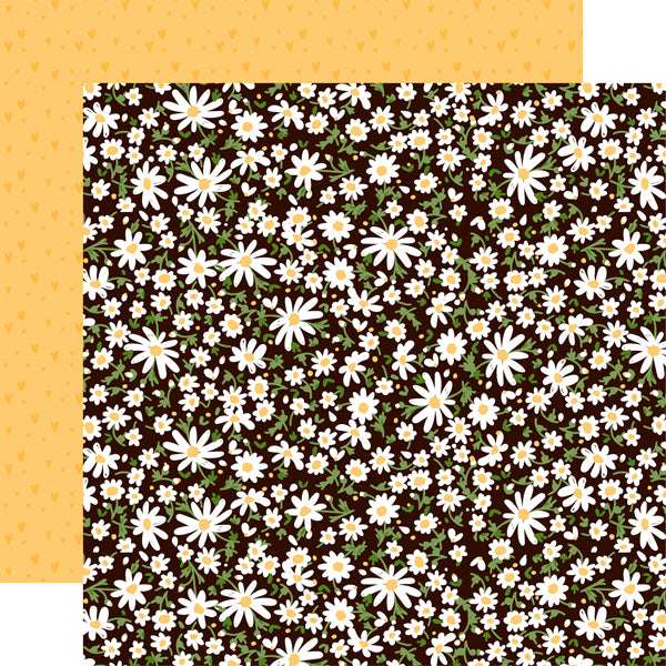 (Side A - white daisies with yellow centers and green leaves on a black background, Side B - yellow hearts all over on yellow background)