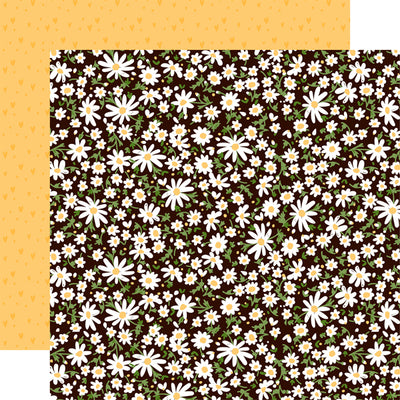 (Side A - white daisies with yellow centers and green leaves on a black background, Side B - yellow hearts all over on yellow background)