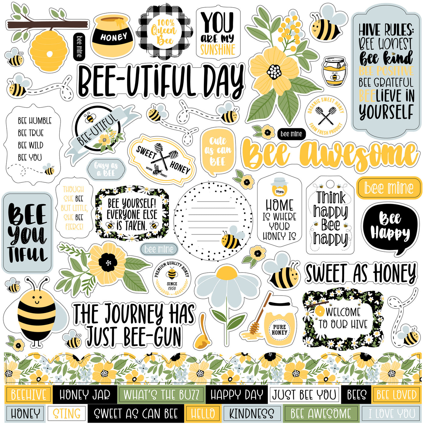 Bee Happy Elements 12" x 12" Cardstock Stickers from the Bee Happy Collection by Echo Park. These stickers include bees, flowers, a honey pot, phrases, borders, and more!  