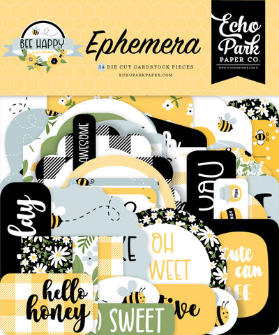 BEE HAPPY Ephemera Die Cut Cardstock Pack includes 34 different die-cut shapes ready to embellish any project. 