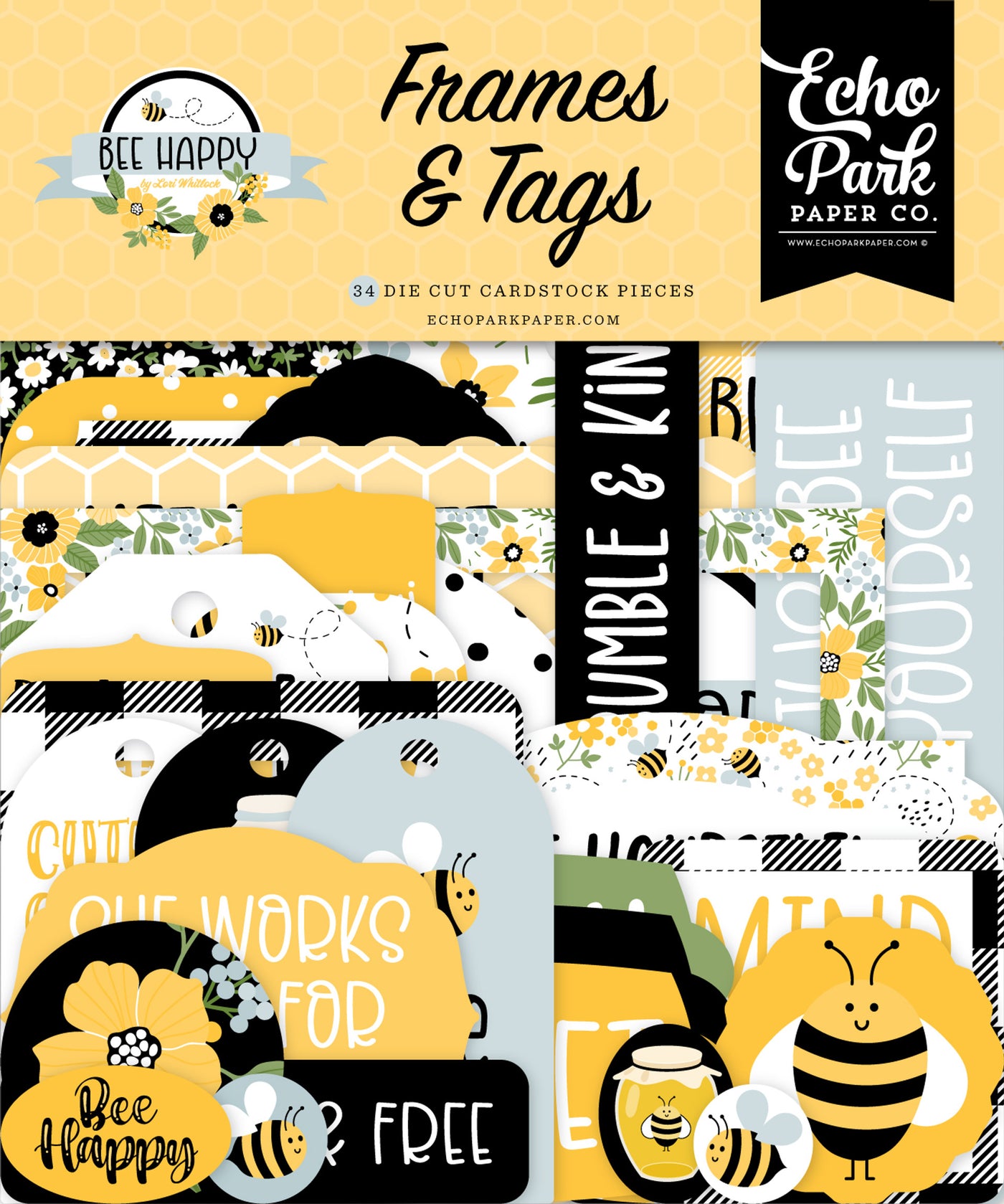 BEE HAPPY Frames & Tags Die Cut Cardstock Pack includes 34 different die-cut shapes ready to embellish any project. 
