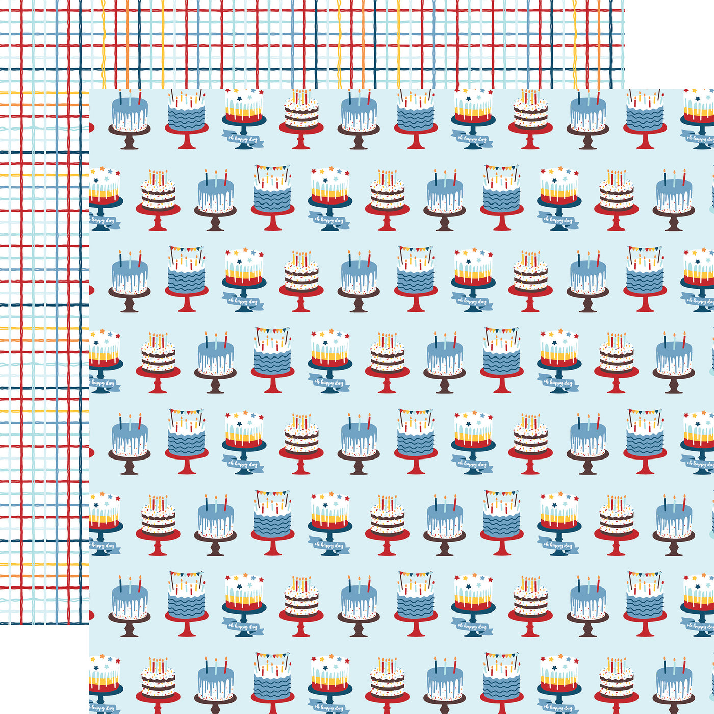 Pattern of colorful cakes on a blue background with a matching plaid pattern reverse.
