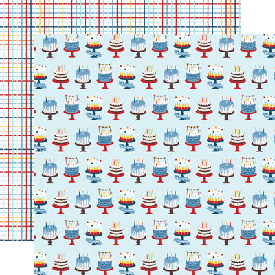 Pattern of colorful cakes on a blue background with a matching plaid pattern reverse.