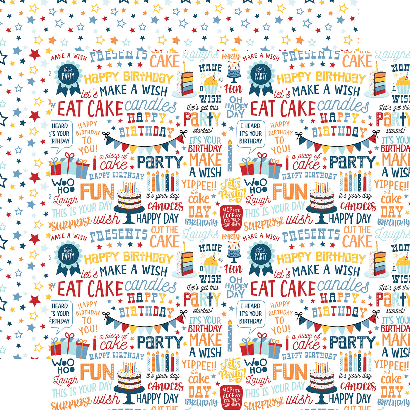 Birthday sayings all over on a white background, primary colored stars reverse.