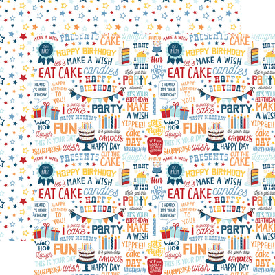 Birthday sayings all over on a white background, primary colored stars reverse.