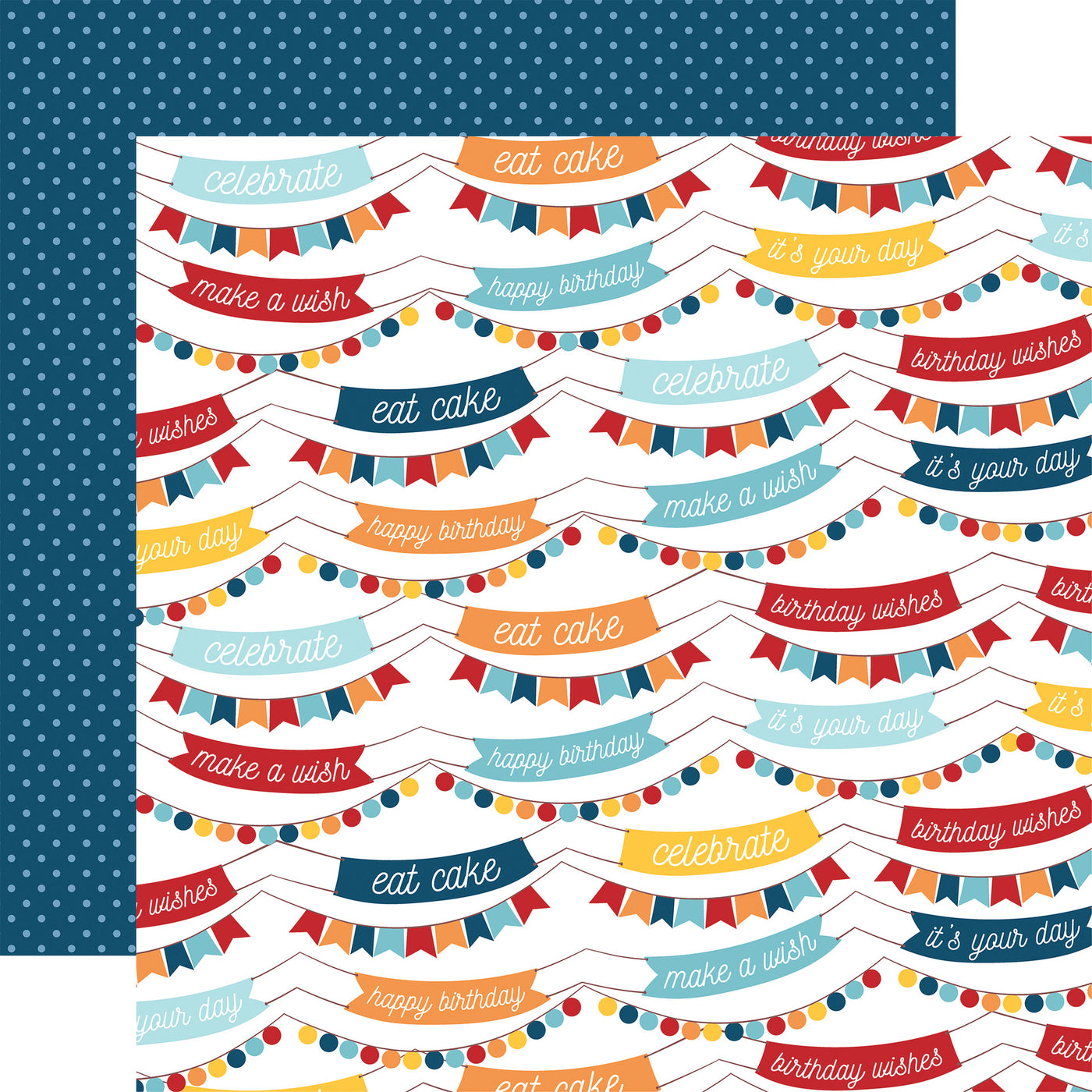 Colorful birthday-themed banner pattern with a blue polka dot pattern background reverse.