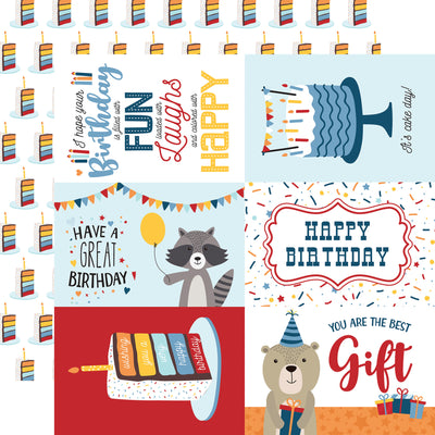 Collection of birthday-themed cards with colorful designs and text, slices of birthday cake reverse.