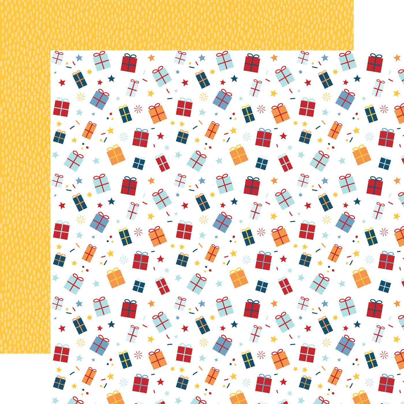 Patterned paper with colorful gift boxes on a white background, with a yellow pattern reverse.
