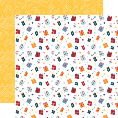 Patterned paper with colorful gift boxes on a white background, with a yellow pattern reverse.