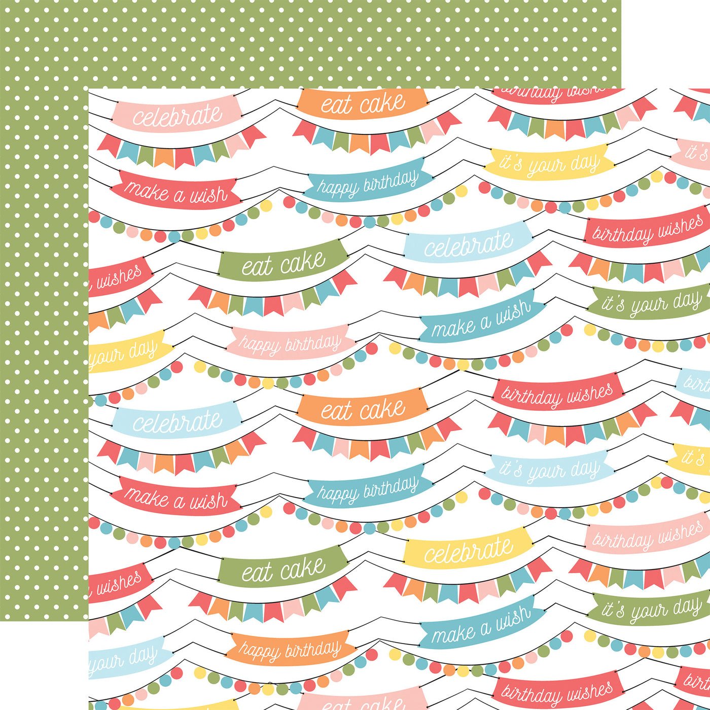 Patterned paper with colorful birthday-themed banners with a green polka dot background reverse.