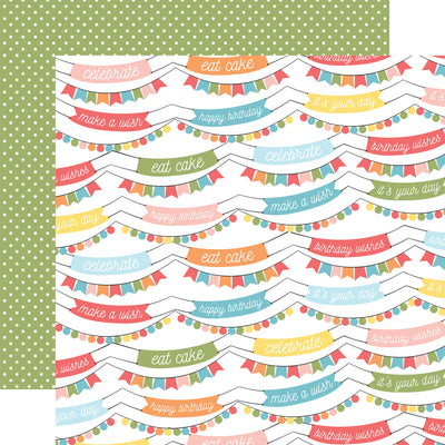 Patterned paper with colorful birthday-themed banners with a green polka dot background reverse.