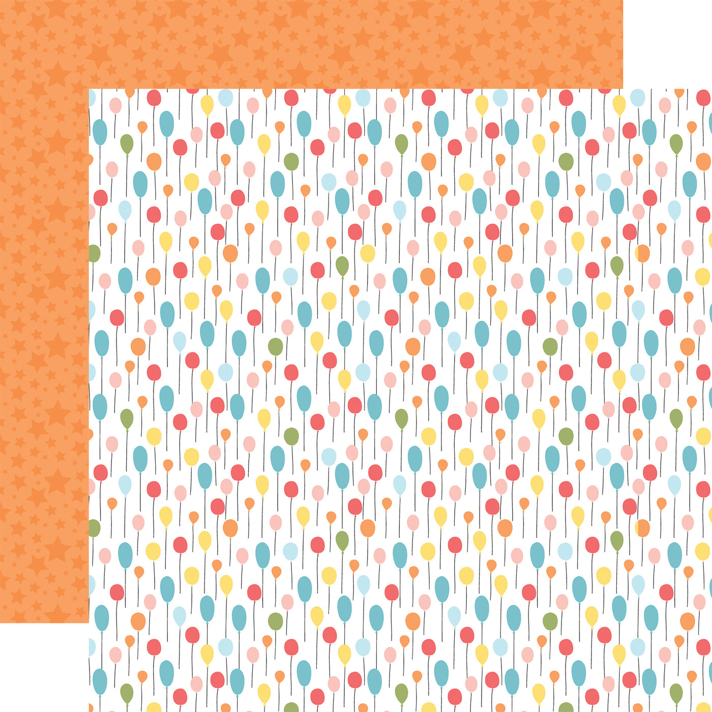 Colorful patterned paper with pastel birthday balloons on a white background, orangestar pattern reverse.