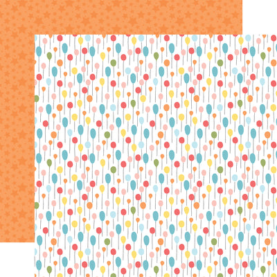 Colorful patterned paper with pastel birthday balloons on a white background, orangestar pattern reverse.