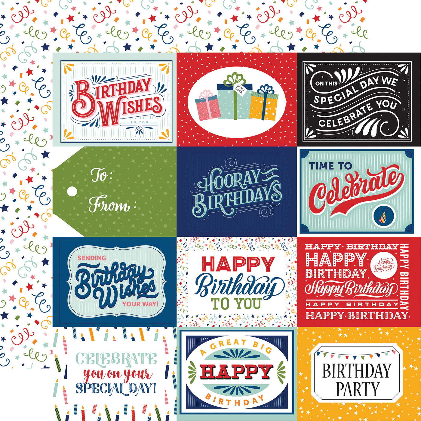 (colorful birthday phrases, multi-colored birthday confetti on a white background reverse)