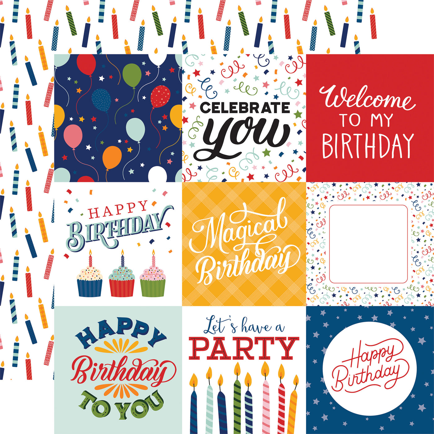 12x12 double-sided multi-colored patterned paper from Echo Park Paper (colorful birthday phrases, multi-colored birthday candles on a white background reverse).