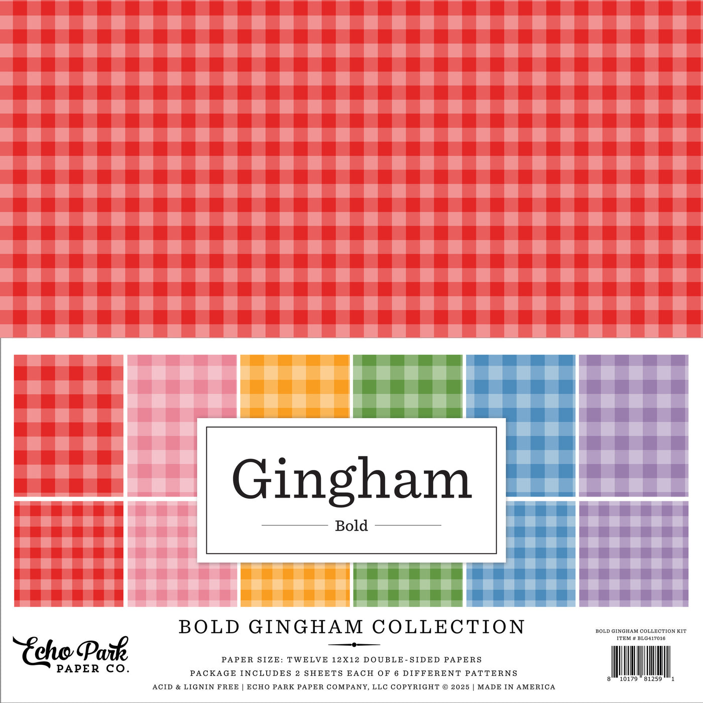 Twelve double-sided sheets with a gingham design in six bold colors. This is a great foundation for paper crafting. It is 12x12 inch textured cardstock.