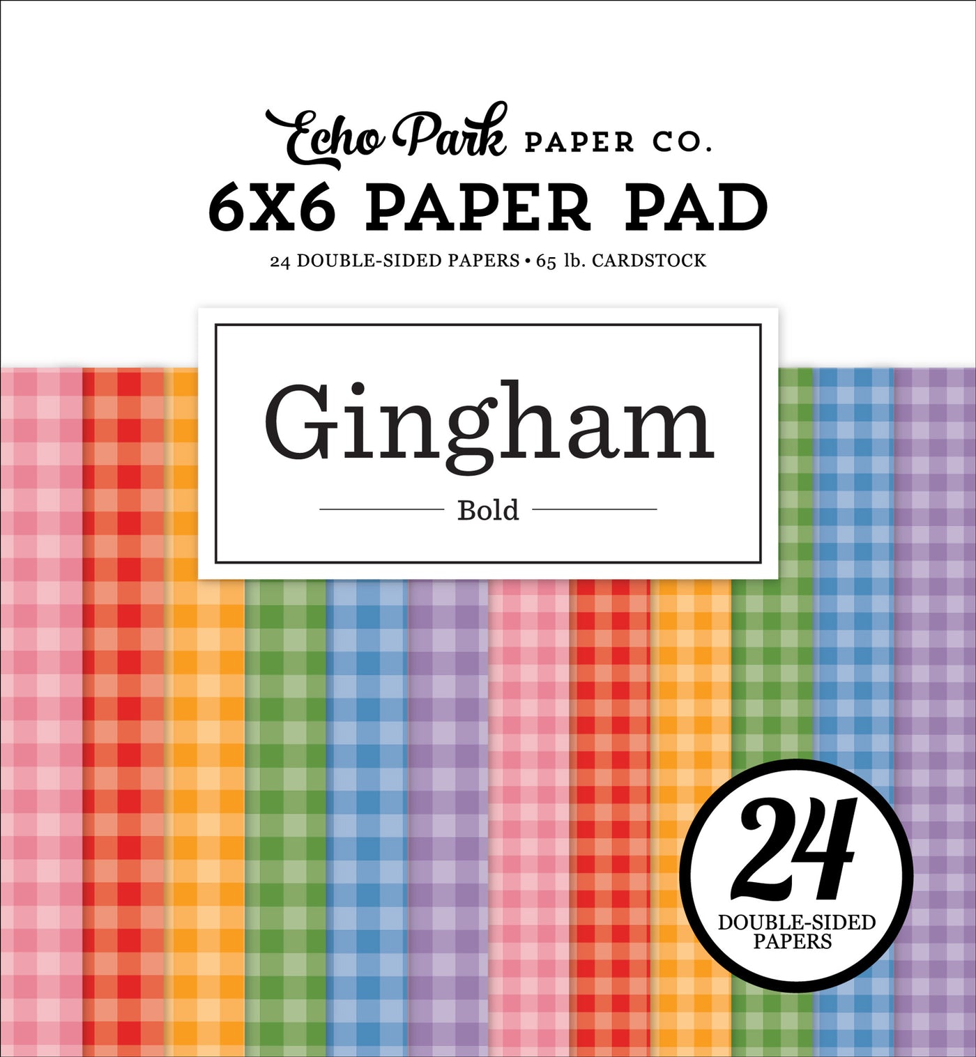 Bright, bold colors in gingham patterns. 24 double-sided 6x6 pages for paper crafting projects. By Echo Park Paper Co.