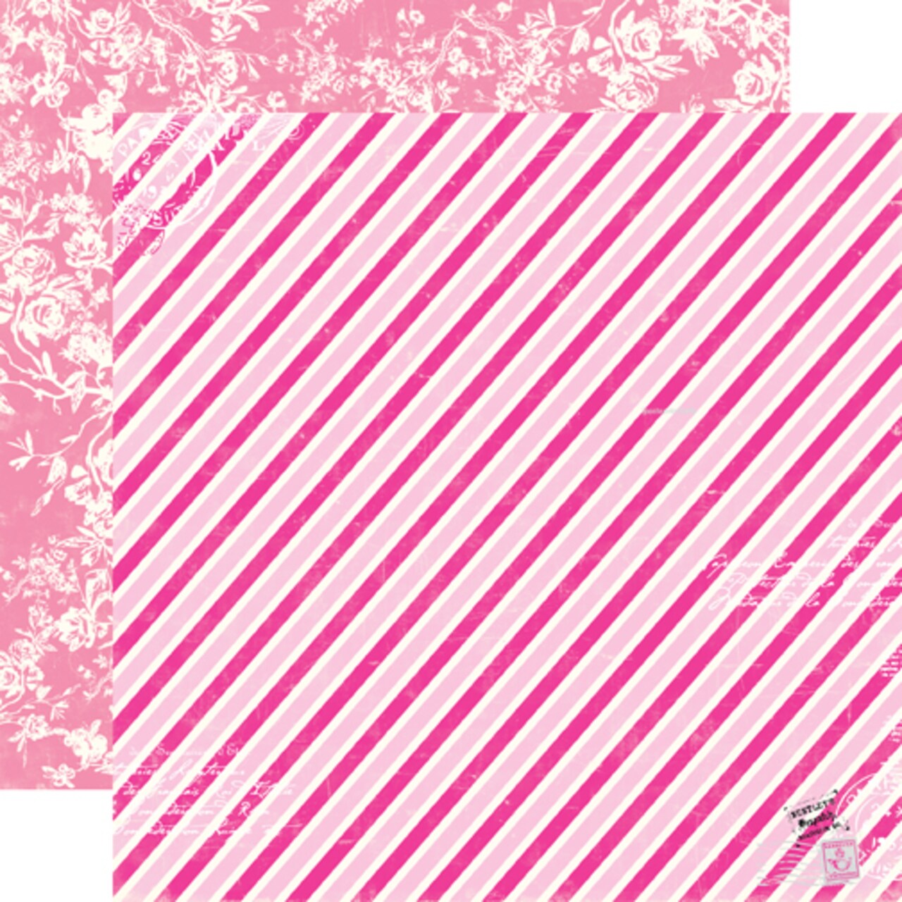 12x12 double-sided patterned paper. (Side A - diagonal pink stripes with vintage distressing and writings on the corners on a white background; Side B - pink and off-white floral) Archival quality.