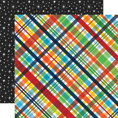 (Side A - plaid in yellow, green, blue, and orange on a white background; B - a seamless pattern of white stars on a black background. The stars vary in size and shape, creating a starry night sky effect.) - from Echo Park Paper.