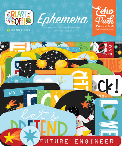 BLAST OFF Ephemera Die Cut Cardstock Pack includes 34 different die-cut shapes ready to embellish any project.