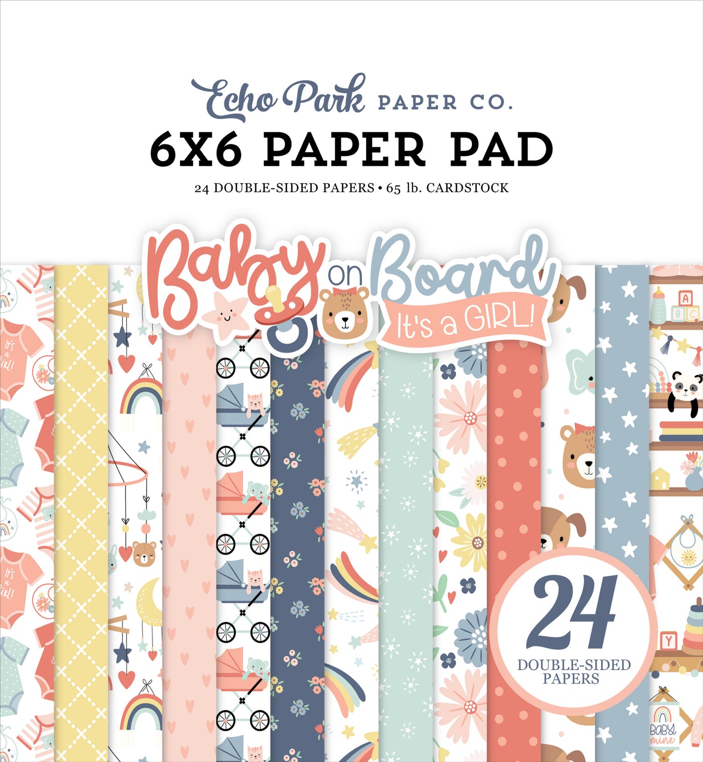 Great patterns in baby girl colors to help you spread the great news. 6x6 pad with 24 double-sided pages great for cards. By Echo Park Paper.