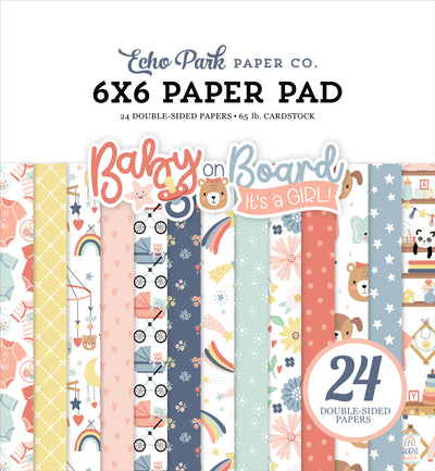 Great patterns in baby girl colors to help you spread the great news. 6x6 pad with 24 double-sided pages great for cards. By Echo Park Paper.