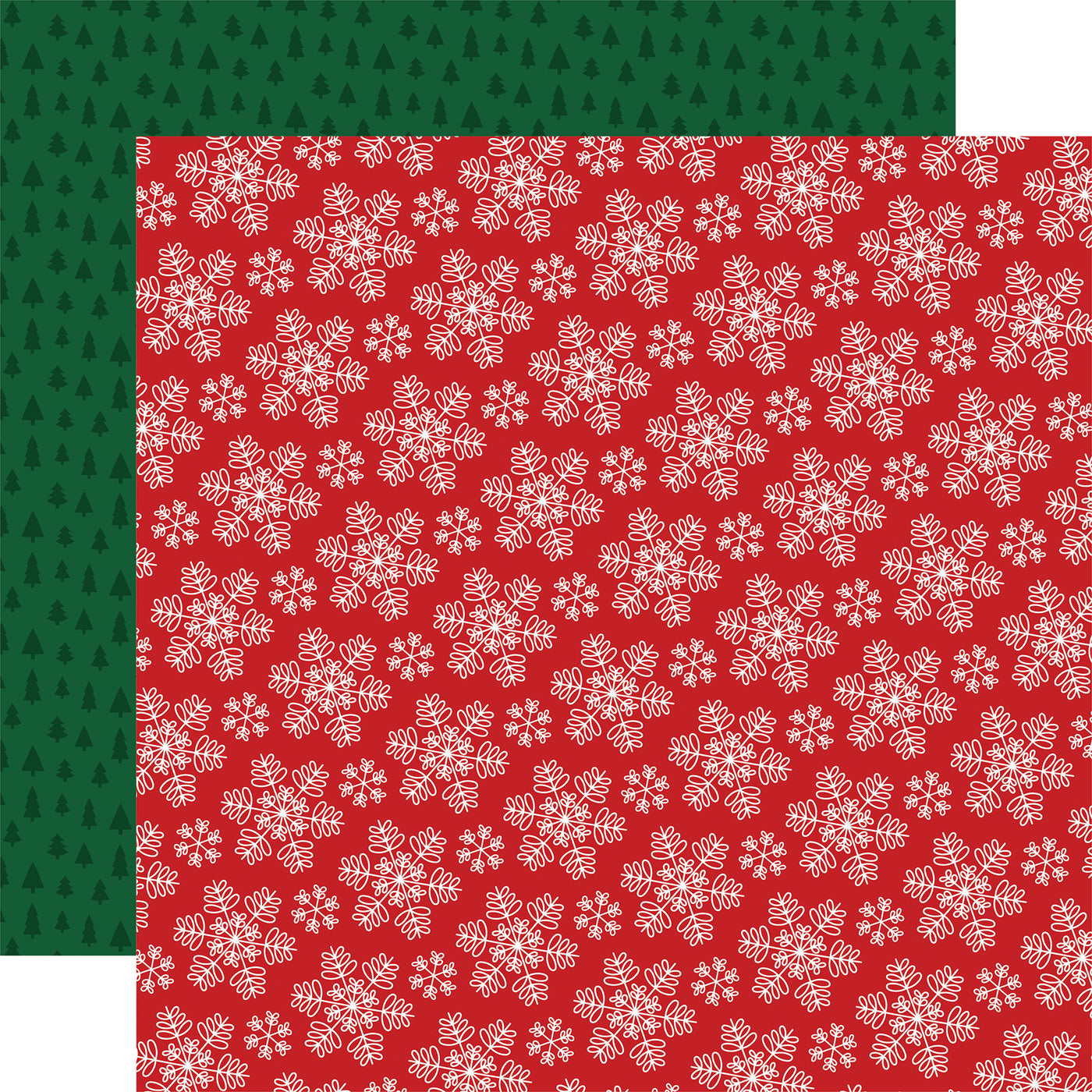 (Side A - &nbsp;vibrant red background is covered with a repeating pattern of white snowflakes, Side B - deep green background is covered with a repeating pattern of small, dark green Christmas trees)