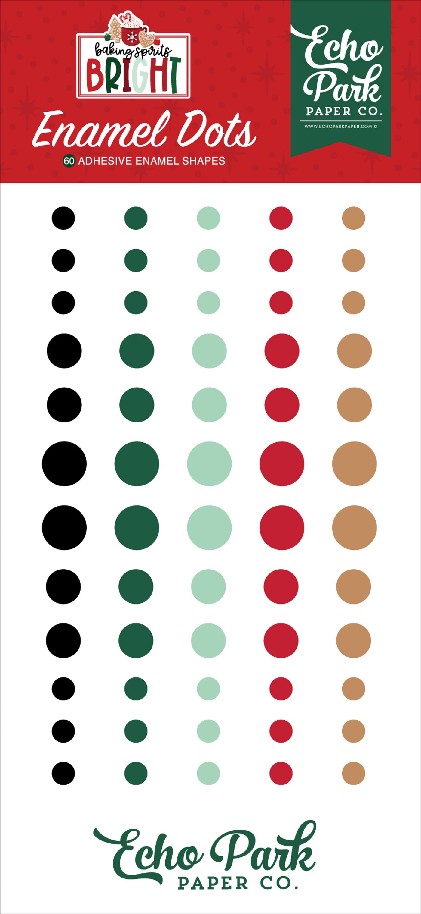 Sixty enamel dots in black, dark green, mint, red, and mustard yellow colors, in three sizes, with an adhesive back, designed to coordinate with the Baking Spirits Bright Collection by Echo Park.